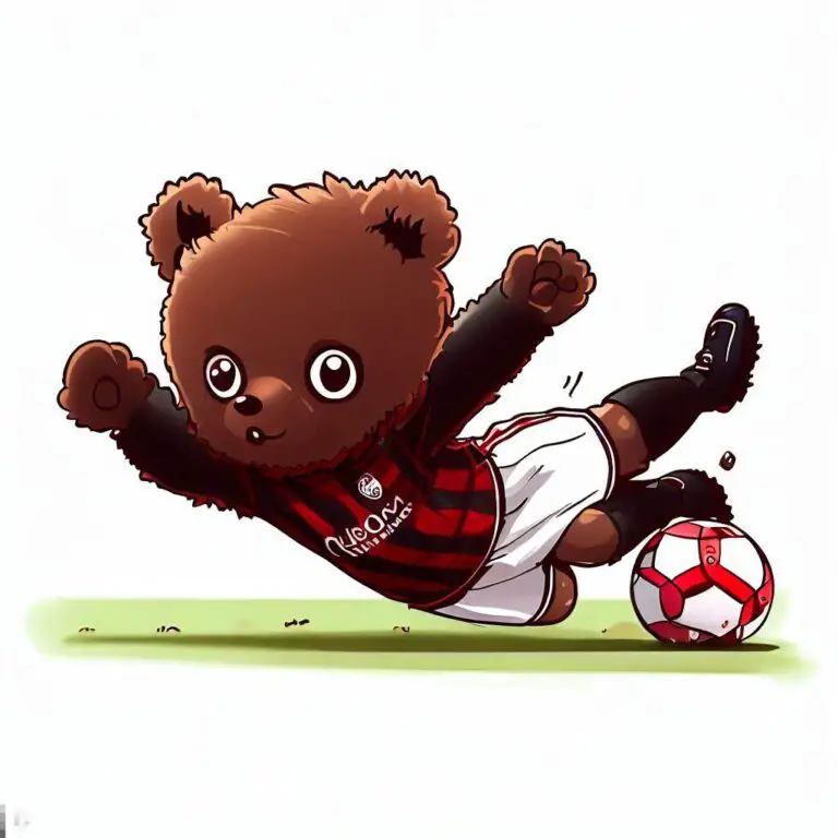 A bear mascot in a red and white strip diving to save a penalty.