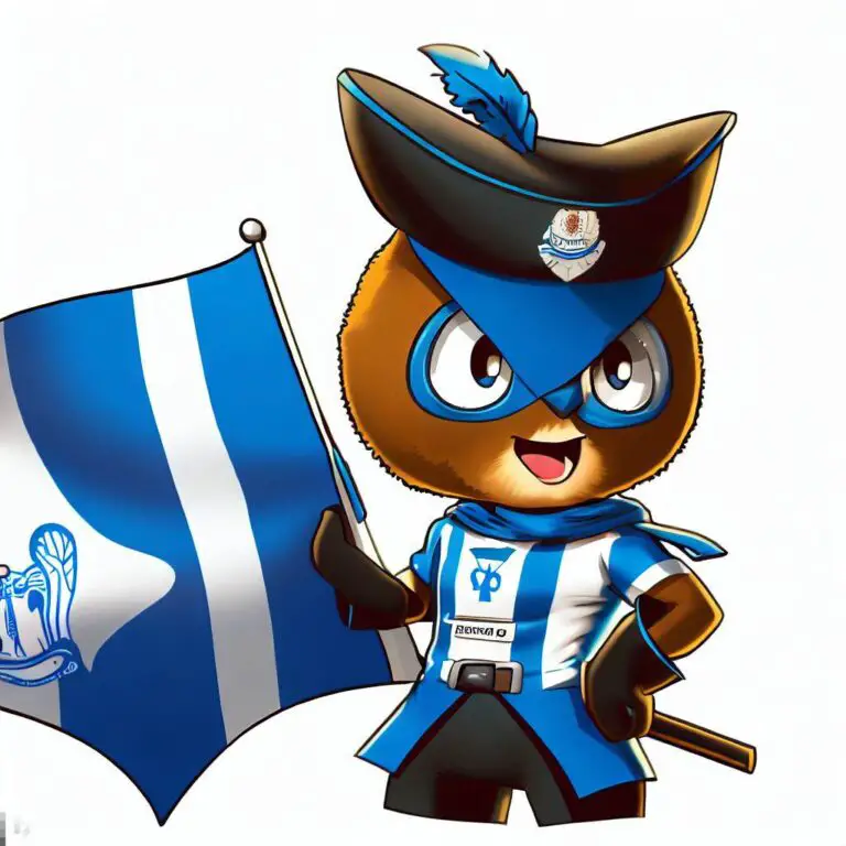 A masked squirrel mascot, draped in Blue and white, waving a blue and white flag.
