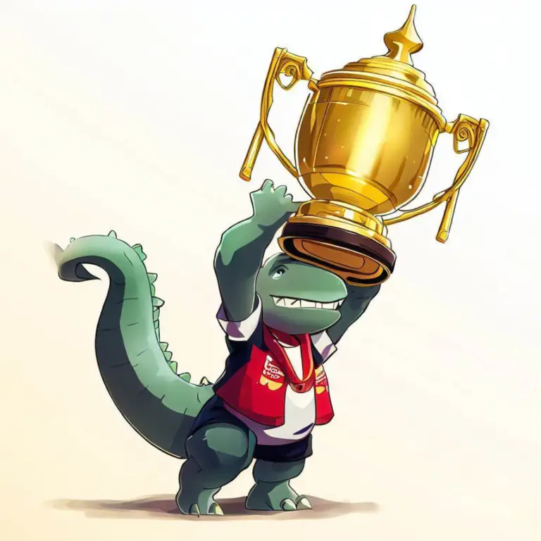 A dinosaur mascot wearing red and white, lifting a gold trophy.